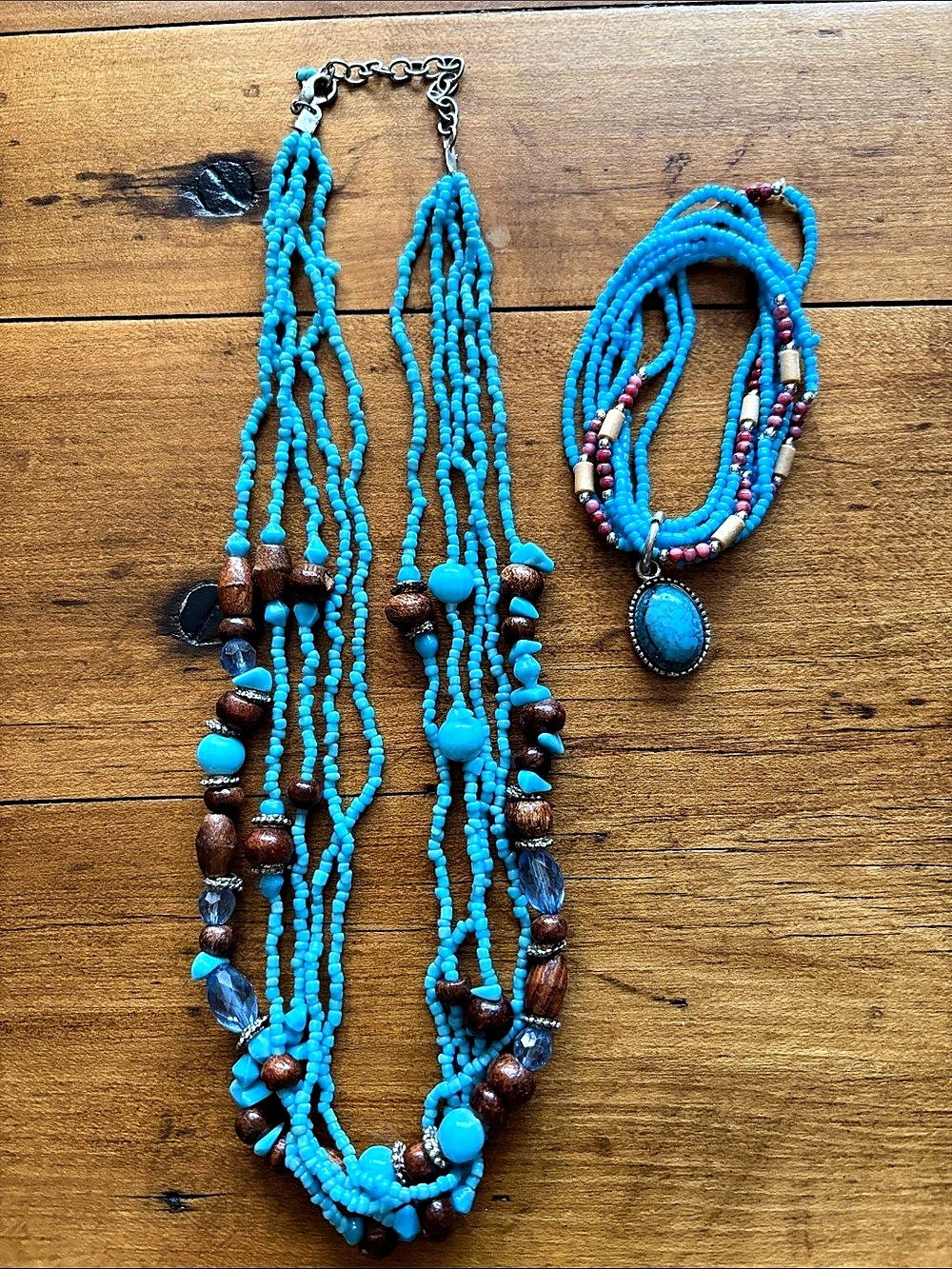 Beaded Turquoise & Brown Wood Beaded Necklace and Bracelet Set